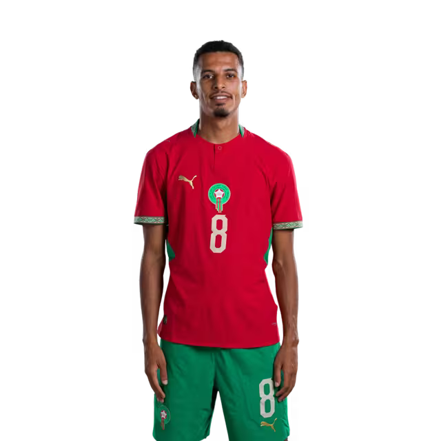 Morocco national football team 2026 World Cup jersey (player/match version) — Midfielders: No. 8 Azzedine Ounahi, No. 11 Ismael Saibari, No. 15 Samir El Mourabet./ لاعبو خط الوسط: رقم 8 عز الدين أوناحي، رقم 11 إسماعيل صيباري، رقم 15 سمير المرابط.