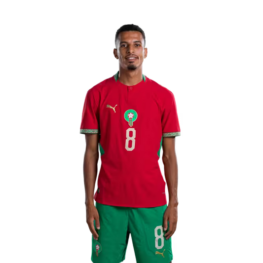 Morocco national football team 2026 World Cup jersey (player/match version) — Midfielders: No. 8 Azzedine Ounahi, No. 11 Ismael Saibari, No. 15 Samir El Mourabet./ لاعبو خط الوسط: رقم 8 عز الدين أوناحي، رقم 11 إسماعيل صيباري، رقم 15 سمير المرابط.