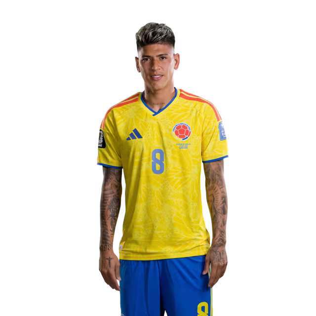 Colombia National Football Team 2026 World Cup Jersey (Player Version/Match Issue) — Midfielders: No. 5 Kevin Castaño, No. 6 Richard Ríos, No. 8 Jorge Carrascal/N.º 5 Kevin CASTAÑO, N.º 6 Richard RÍOS, N.º 8 Jorge CARRASCAL