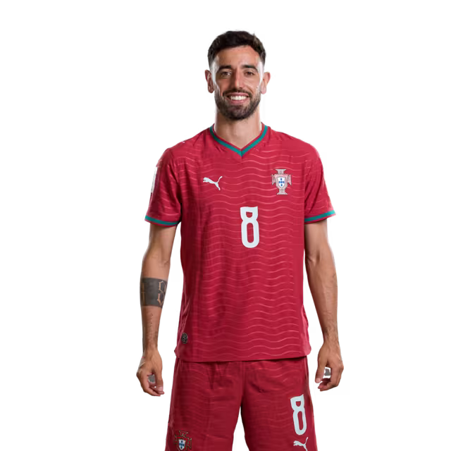 Portugal National Team 2026 World Cup Jersey (Player Version/Match Version) — Midfielders: No. 6 Matheus Nunes, No. 8 Bruno Fernandes, No. 10 Bernardo Silva / Médios: N.º6 MATHEUS NUNES , Nº8 BRUNO FERNANDES, Nº10 BERNARDO SILVA