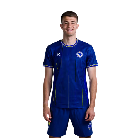 Bosnia and Herzegovina 2026 World Cup Player-Issue Match Jersey – Forwards: No. 9 Samed Baždar, No. 10 Ermedin Demirović, No. 11 Edin Džeko / Napadači br. 9 Samed Baždar, br. 10 Ermedin Demirović, br. 11 Edin Džeko.