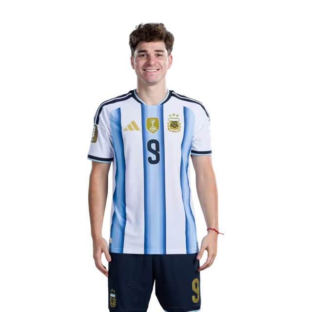 Argentina National Football Team 2026 World Cup Jersey (Player Version/Match Version) — Midfielders: No.9 Julian ALVAREZ, No.10 Lionel MESSI, No.16 Thiago ALMADA / Centrocampistas: N.º 9 Julián Álvarez, N.º 10 Lionel Messi, N.º 16 Thiago Almada