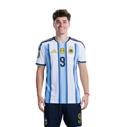 Argentina National Football Team 2026 World Cup Jersey (Player Version/Match Version) — Midfielders: No.9 Julian ALVAREZ, No.10 Lionel MESSI, No.16 Thiago ALMADA / Centrocampistas: N.º 9 Julián Álvarez, N.º 10 Lionel Messi, N.º 16 Thiago Almada