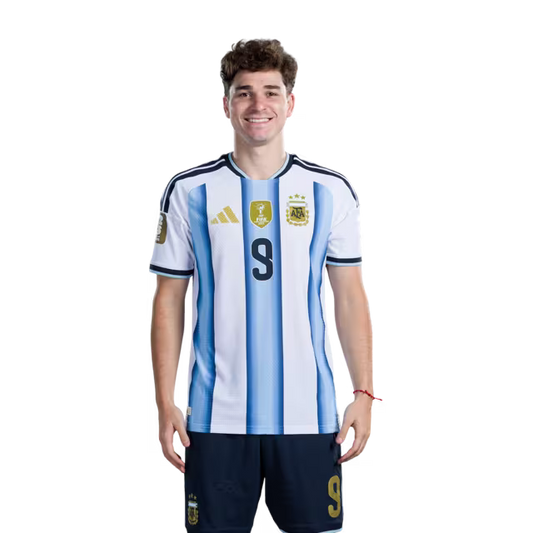 Argentina National Football Team 2026 World Cup Jersey (Player Version/Match Version) — Midfielders: No.9 Julian ALVAREZ, No.10 Lionel MESSI, No.16 Thiago ALMADA / Centrocampistas: N.º 9 Julián Álvarez, N.º 10 Lionel Messi, N.º 16 Thiago Almada