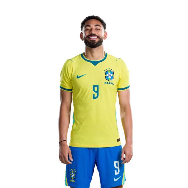 Brazil National Team 2026 World Cup Jersey (Player Version/Match Issue) — Forwards: No. 7 Vinícius Júnior, No. 9 Matheus Cunha, No. 10 Neymar Jr /Atacantes: Nº 7 VINICIUS JUNIOR, Nº 9 MATHEUS CUNHA, Nº 10 NEYMAR JR