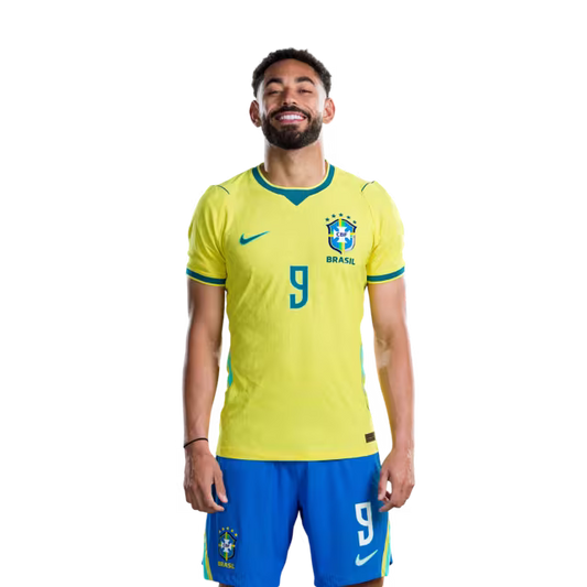 Brazil National Team 2026 World Cup Jersey (Player Version/Match Issue) — Forwards: No. 7 Vinícius Júnior, No. 9 Matheus Cunha, No. 10 Neymar Jr /Atacantes: Nº 7 VINICIUS JUNIOR, Nº 9 MATHEUS CUNHA, Nº 10 NEYMAR JR