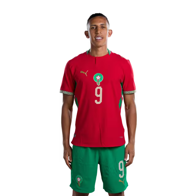 Morocco National Football Team 2026 World Cup Jersey (Player/Match Version) — Forwards: No. 9 Soufiane Rahimi, No. 10 Brahim Díaz, No. 17 Ismael Saibari./ المهاجمون: رقم 9 سفيان رحيمي، رقم 10 إبراهيم دياز، رقم 17 أمين الصيباري.