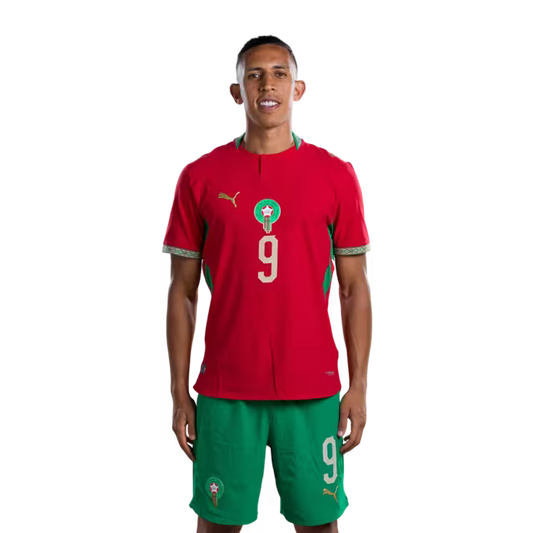 Morocco National Football Team 2026 World Cup Jersey (Player/Match Version) — Forwards: No. 9 Soufiane Rahimi, No. 10 Brahim Díaz, No. 17 Ismael Saibari./ المهاجمون: رقم 9 سفيان رحيمي، رقم 10 إبراهيم دياز، رقم 17 أمين الصيباري.