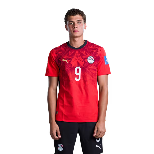 Egypt National Football Team 2026 World Cup Jersey (Player/Match Version) — Forwards: No. 7 Trezeguet, No. 9 Hamza Abdel-Karim, No. 10 Mohamed Salah./ خط الهجوم: رقم 7 تريزيجيه، رقم 9 حمزة عبد الكريم، رقم 10 محمد صلاح.