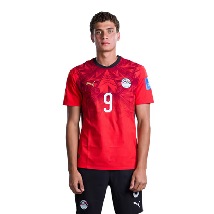 Egypt National Football Team 2026 World Cup Jersey (Player/Match Version) — Forwards: No. 7 Trezeguet, No. 9 Hamza Abdel-Karim, No. 10 Mohamed Salah./ خط الهجوم: رقم 7 تريزيجيه، رقم 9 حمزة عبد الكريم، رقم 10 محمد صلاح.