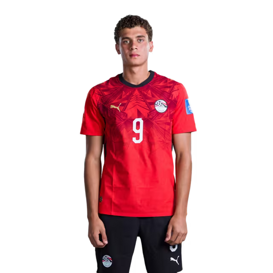 Egypt National Football Team 2026 World Cup Jersey (Player/Match Version) — Forwards: No. 7 Trezeguet, No. 9 Hamza Abdel-Karim, No. 10 Mohamed Salah./ خط الهجوم: رقم 7 تريزيجيه، رقم 9 حمزة عبد الكريم، رقم 10 محمد صلاح.