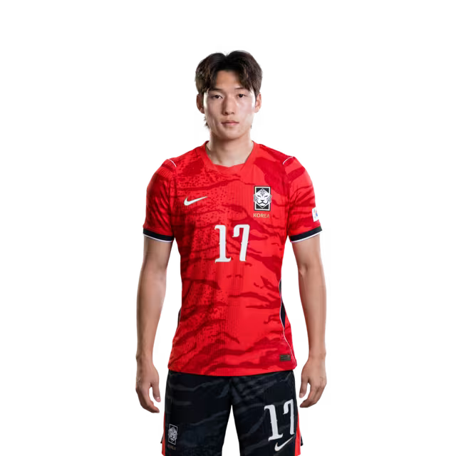 2026 월드컵 대한민국 축구 선수 유니폼 (경기용) - 미드필더 이재성 (등번호 10번), 황희찬 (등번호 11번), 배준호 (등번호 17번)