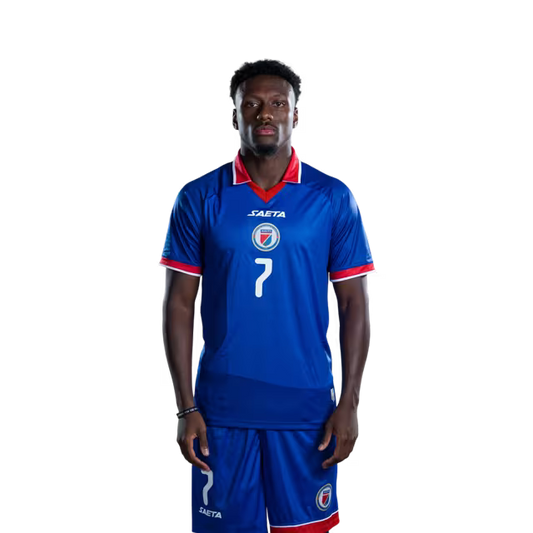 Mayo foutbòl koup di mond Ayiti 2026 vèsyon jwè vèsyon match la - Atakan No.7 Derrick ETIENNE, No.9 Duckens NAZON, No.11 Louicius DEEDSON