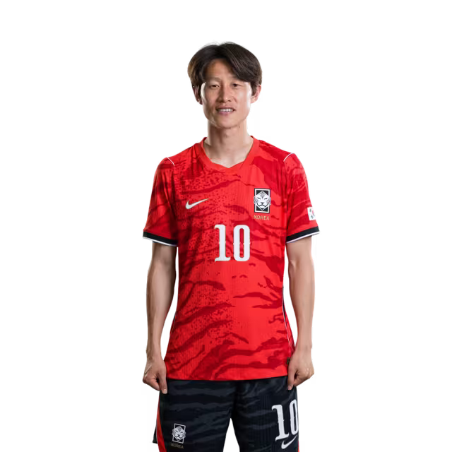 2026 월드컵 대한민국 축구 선수 유니폼 (경기용) - 미드필더 이재성 (등번호 10번), 황희찬 (등번호 11번), 배준호 (등번호 17번)