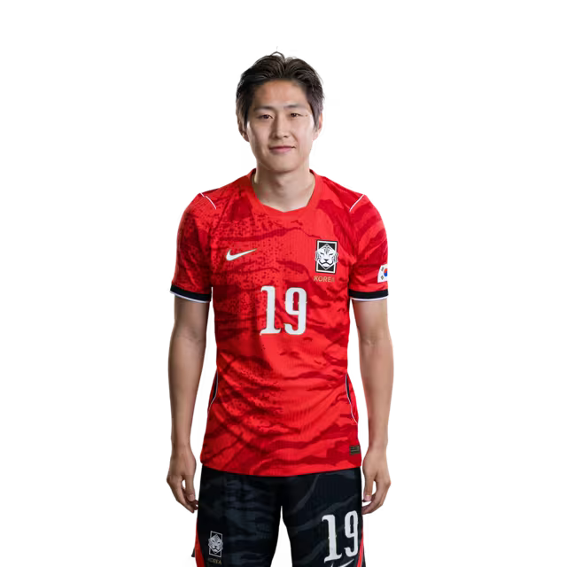 2026 월드컵 대한민국 축구 선수 유니폼 (경기용) - 미드필더 이강인 (등번호 19), 양현준 (등번호 20), 김진규 (등번호 24)