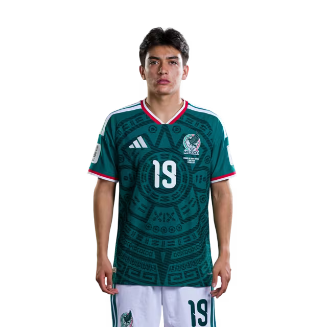Mexico National Team 2026 World Cup Soccer Jersey (Player Version/Match Version) — Midfielders: No. 17 Orbelín Pineda, No. 18 Obed Vargas, No. 19 Gilberto Mora / Centrocampistas: N.° 17 Orbelín Pineda, N.° 18 Obed Vargas, N.° 19 Gilberto Mora