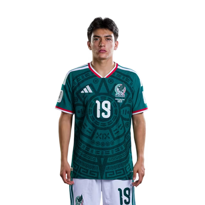 Mexico National Team 2026 World Cup Soccer Jersey (Player Version/Match Version) — Midfielders: No. 17 Orbelín Pineda, No. 18 Obed Vargas, No. 19 Gilberto Mora / Centrocampistas: N.° 17 Orbelín Pineda, N.° 18 Obed Vargas, N.° 19 Gilberto Mora