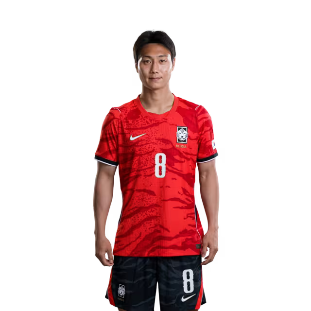 2026 월드컵 대한민국 축구 선수 유니폼 (경기용) - 미드필더 3번 이혁, 6번 황인범, 8번 백승호