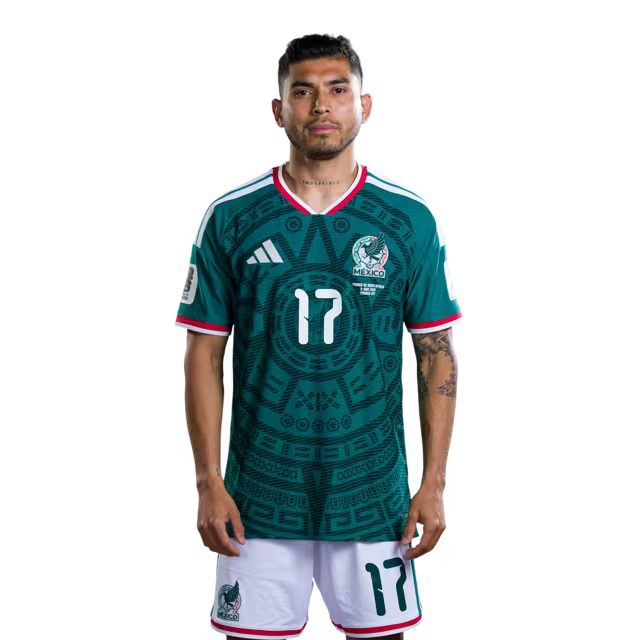 Mexico National Team 2026 World Cup Soccer Jersey (Player Version/Match Version) — Midfielders: No. 17 Orbelín Pineda, No. 18 Obed Vargas, No. 19 Gilberto Mora / Centrocampistas: N.° 17 Orbelín Pineda, N.° 18 Obed Vargas, N.° 19 Gilberto Mora