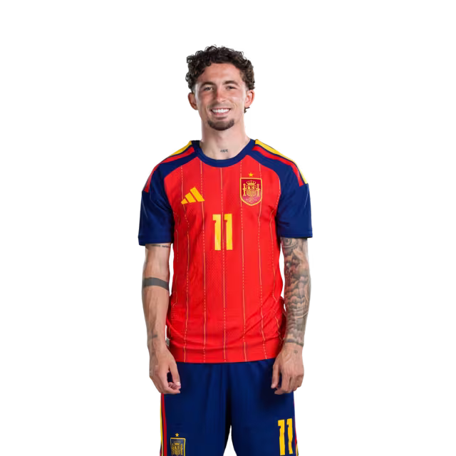 Spain National Team 2026 World Cup Jersey — Player/Match Version — Forwards: No. 7 Ferran Torres, No. 10 Dani Olmo, No. 11 Yeremy Pino / Delanteros Nº 7 Ferran Torres, Nº 10 Dani Olmo, Nº 11 Yeremy Pino