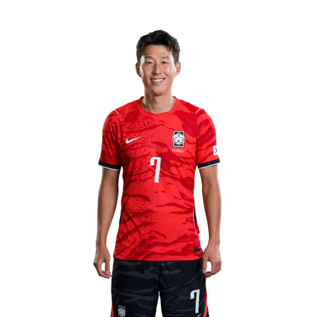 2026 월드컵 대한민국 축구 선수 유니폼 (경기용) - 공격수 손흥민 (등번호 7), 조철성 (등번호 9), 오형규 (등번호 18)