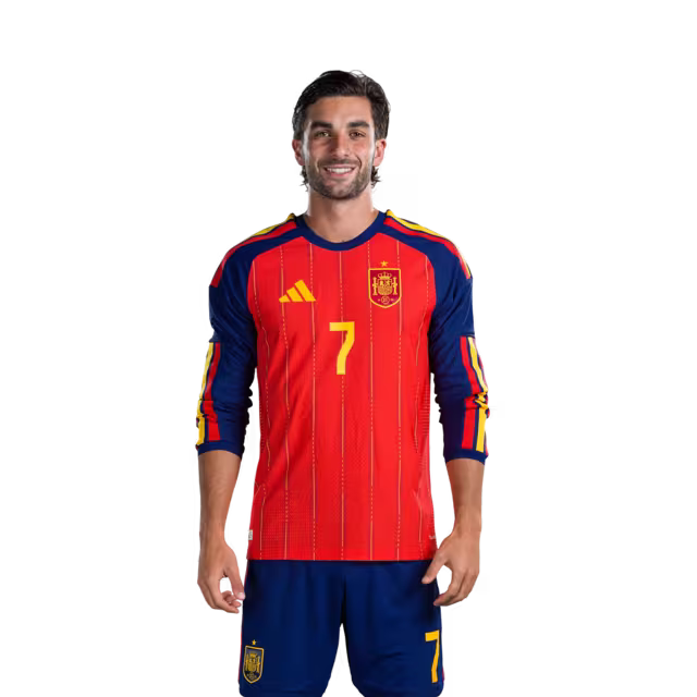 Spain National Team 2026 World Cup Jersey — Player/Match Version — Forwards: No. 7 Ferran Torres, No. 10 Dani Olmo, No. 11 Yeremy Pino / Delanteros Nº 7 Ferran Torres, Nº 10 Dani Olmo, Nº 11 Yeremy Pino