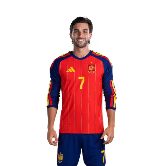 Spain National Team 2026 World Cup Jersey — Player/Match Version — Forwards: No. 7 Ferran Torres, No. 10 Dani Olmo, No. 11 Yeremy Pino / Delanteros Nº 7 Ferran Torres, Nº 10 Dani Olmo, Nº 11 Yeremy Pino