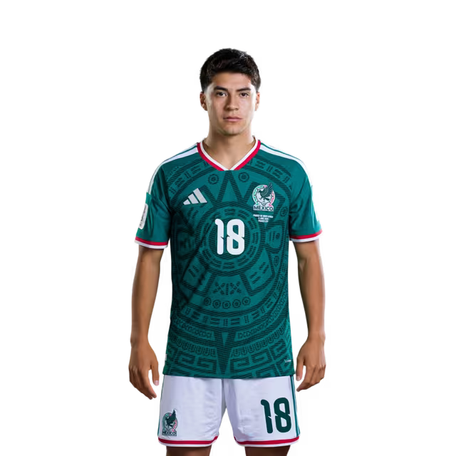 Mexico National Team 2026 World Cup Soccer Jersey (Player Version/Match Version) — Midfielders: No. 17 Orbelín Pineda, No. 18 Obed Vargas, No. 19 Gilberto Mora / Centrocampistas: N.° 17 Orbelín Pineda, N.° 18 Obed Vargas, N.° 19 Gilberto Mora