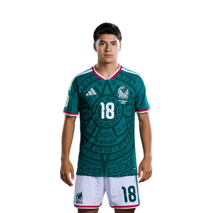 Mexico National Team 2026 World Cup Soccer Jersey (Player Version/Match Version) — Midfielders: No. 17 Orbelín Pineda, No. 18 Obed Vargas, No. 19 Gilberto Mora / Centrocampistas: N.° 17 Orbelín Pineda, N.° 18 Obed Vargas, N.° 19 Gilberto Mora