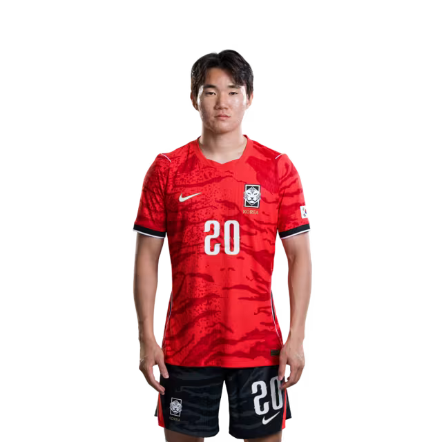 2026 월드컵 대한민국 축구 선수 유니폼 (경기용) - 미드필더 이강인 (등번호 19), 양현준 (등번호 20), 김진규 (등번호 24)