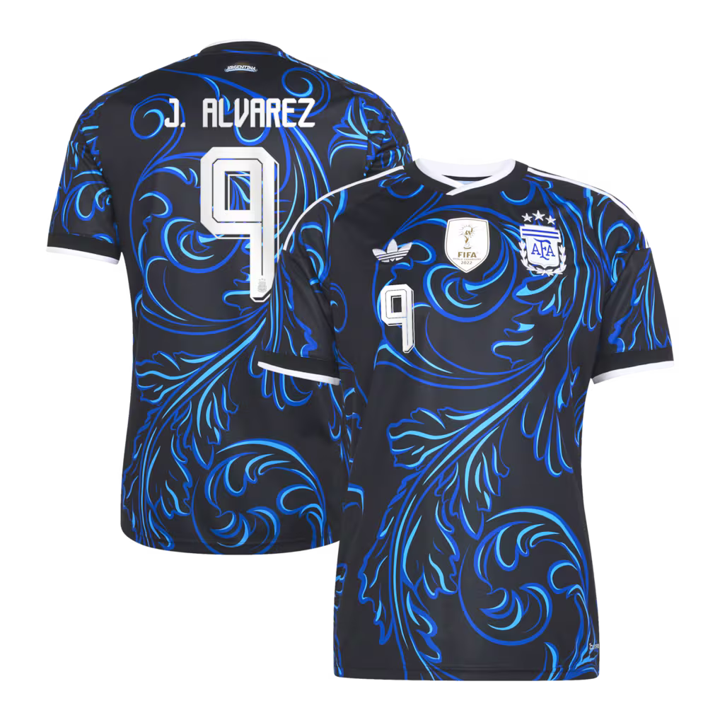 2026 World Cup J. Alvarez Argentina  Soccer Jersey Player Version  Match Version - No. 9 Home White & Blue and Away Black & Blue