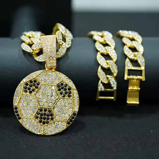 13mm Width Football Pendant Necklace,Cuban Link Chain With Bling Football Charm, Hip Hop Jewelry For Men & Women, Perfect For Sports Fans & Rapper Style