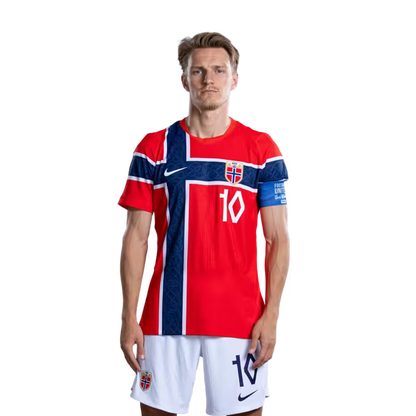 Norway National Team 2026 World Cup Jersey (Player/Match Version) — Midfielders: No. 10 Martin Ødegaard, No. 14 Fredrik Aursnes, No. 18 Kristian Thorstvedt / Midtbanespillere: nr.10 Martin ODEGAARD, nr.14 Fredrik AURSNES, nr.18 Kristian Thorstvedt