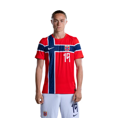 Norway National Team 2026 World Cup Jersey (Player Version/Match Issue) — Midfielders: No. 19 Teo Asgaard, No. 21 Andreas Schjelderup, No. 22 Oscar Bobb, No. 23 Jens Petter Hauge / Norges fotballag 2026 VM-drakt