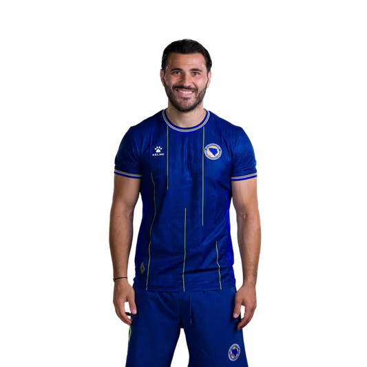 Bosnia and Herzegovina 2026 World Cup Jersey – Player Version – Match Version – Defenders: No. 5 Sead Kolašinac, No. 7 Amar Dedić, No. 18 Nikola Katić / Odbrambeni igrači: Br. 5 Sead KOLASINAC, Br. 7 Amar DEDIĆ, Br. 18 Nikola KATIĆ