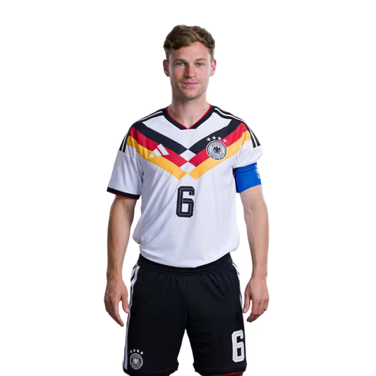 Trikot der deutschen Fußballnationalmannschaft für die Weltmeisterschaft 2026 (Spielerversion/Spielversion) — Verteidiger: Nr. 6 Joshua Kimmich, Nr. 15 Nico Schlotterbeck, Nr. 18 Nathaniel Brown