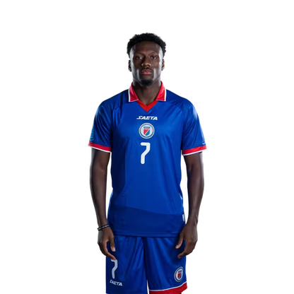 Mayo foutbòl koup di mond Ayiti 2026 vèsyon jwè vèsyon match la - Atakan No.7 Derrick ETIENNE, No.9 Duckens NAZON, No.11 Louicius DEEDSON