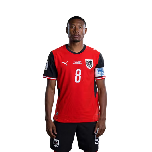 Austria National Team 2026 World Cup Jersey (Player Version/Match Issue) — Defenders: No. 8 David Alaba, No. 15 Philipp Lienhart, No. 16 Phillip Mwene/ Abwehrspieler: Nr. 8 David Alaba, Nr. 15 Philipp Lienhart, Nr. 16 Phillip Mwene